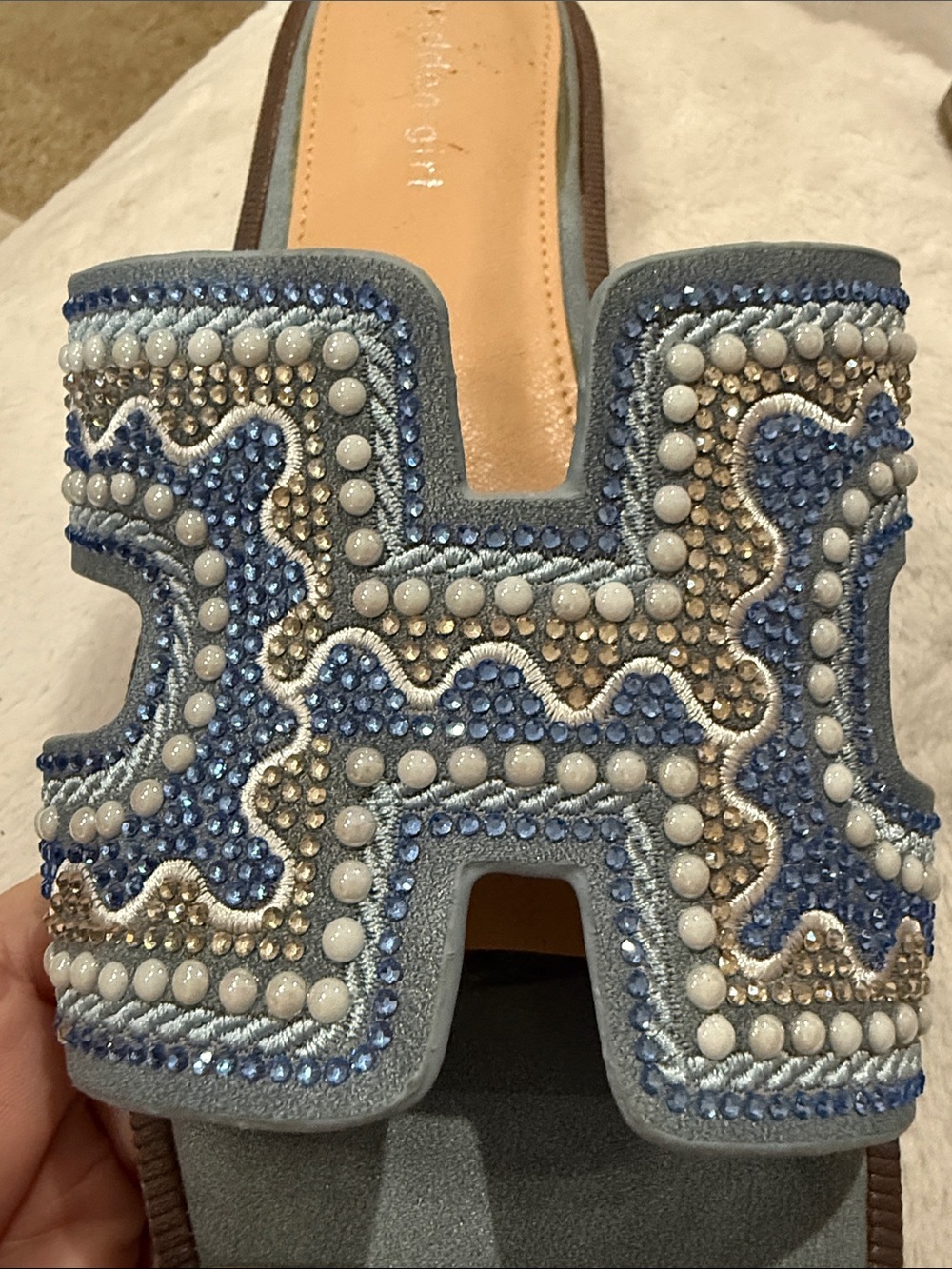 Madden Girl Light Blue Beaded Slide Mules - Picture 2 of 3